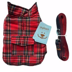 NEW REVERSIBLE Dog Coat XS Plaid Red Black + Red / Denim Leash